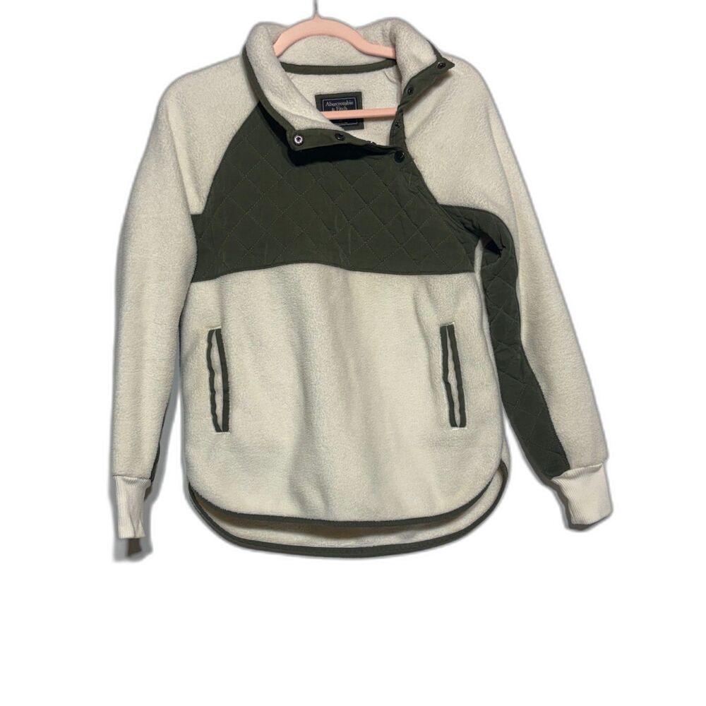 Abercrombie & Fitch Fleece Womens XS Ivory Olive Quilted Asymmetrical Snap